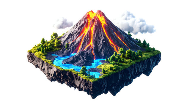 Isometric volcano erupting with lava flow surrounded by green trees and blue river