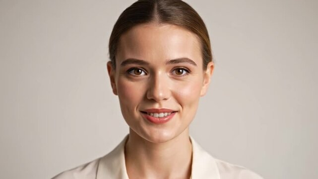 Woman with neutral expression poses in studio with soft diffused lighting