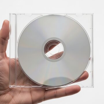 A hand holding a clear plastic case containing a blank cd disc with a reflective surface