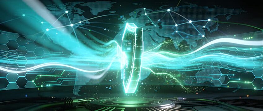 Cyber security concept featuring glowing digital shield and lock icons protecting data, network connections, and global technology in futuristic environment with flowing streams and protection