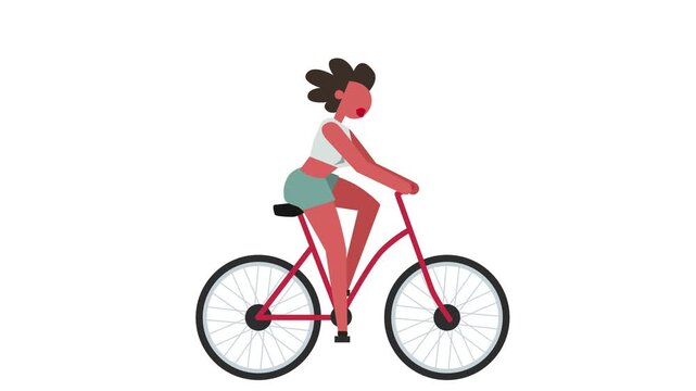 Colorful Stick Figure Woman Character Riding Bicycle, Pictogram Girl Cycling Cartoon Animation Loop