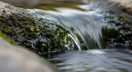 Obraz premium Close-up of clear water flowing over mossy rocks in a serene natural stream.