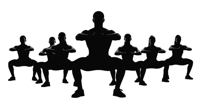 Black silhouette of diverse group of people exercising doing squats in fitness class on white background for healthy lifestyle concept