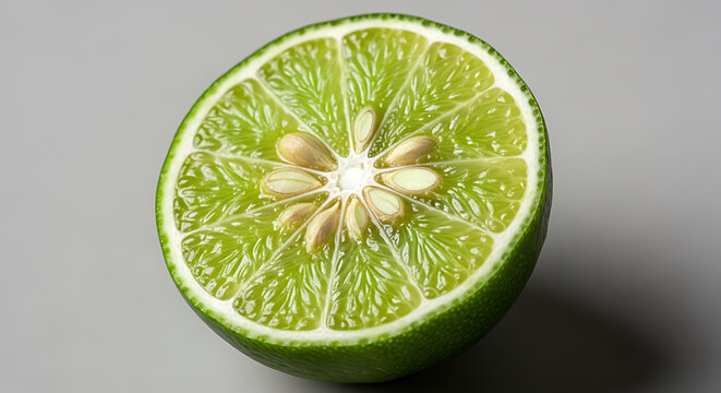 Fresh lime slice with seeds on grey background studio macro shot with vitamin c with cross section with citrus fruit