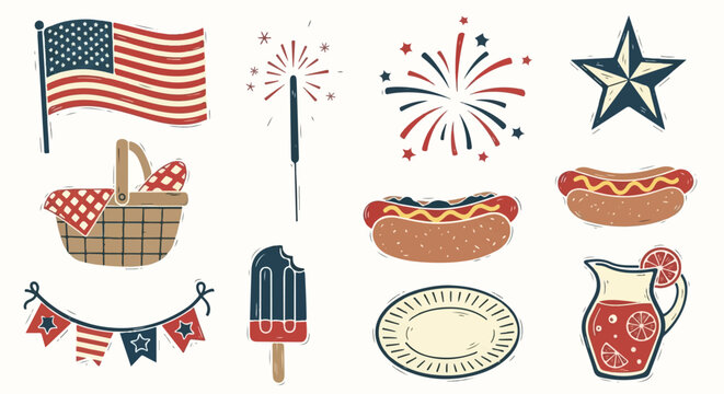 hand-drawn Americana icons featuring the American flag, fireworks, hot dogs, a picnic basket, and summer treats in a vintage textured style, isolated on a white background for versatile design use.