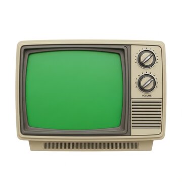 Vintage television set displaying a solid green screen with analog knobs on the front panel