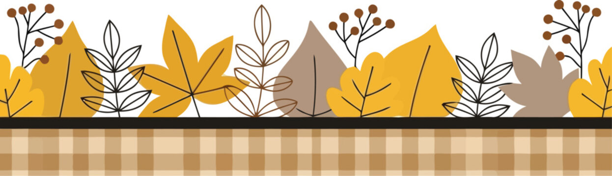 Seamless Autumn Leaves Border with Plaid Pattern for Fall Seasonal Designs