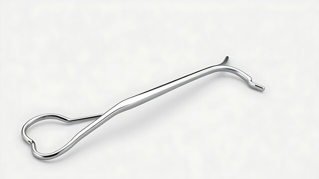 shortcoming. A stainless steel dental facebow isolated on a neutral background. STEM education sheets, lab safety posters, designed for biotech research communications, used by nutritionists.