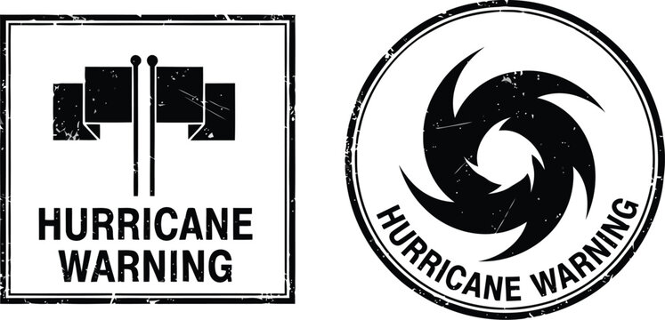 Hurricane Warning Rubber Stamp Icons with Weather Flags and Storm Symbols