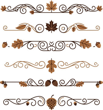 Set of Autumn Decorative Dividers with Maple Leaves, Acorns and Pinecones