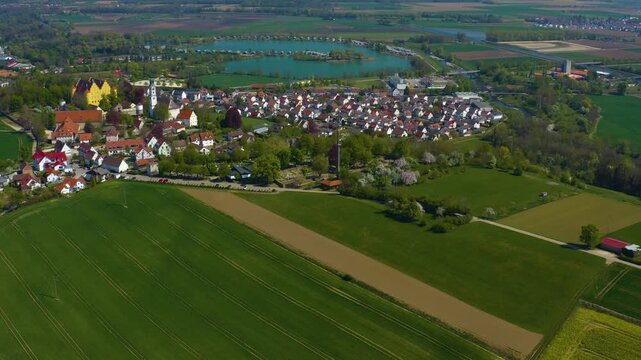 Aerial view beside the old town of the city aerial view Erbach an der Donau in Germany, on a sunny spring noon