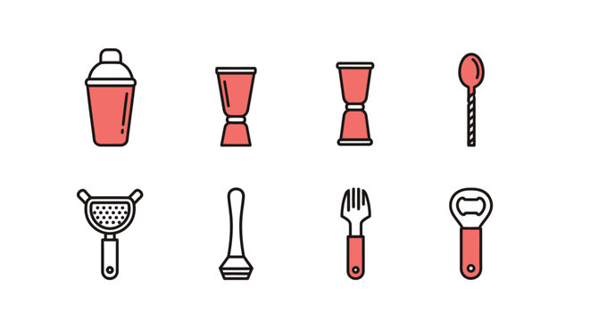 Collection of vector illustrations of bar tools and equipment for making cocktails.