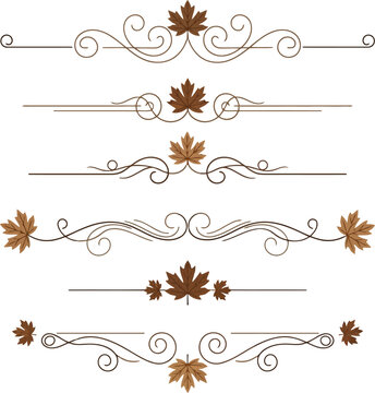 Set of Decorative Autumn Maple Leaf Text Dividers and Flourish Ornaments