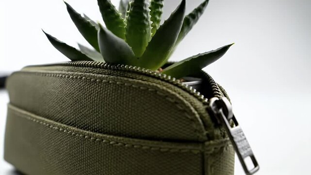 Lush green succulent emerges from an open olive green zippered pouch