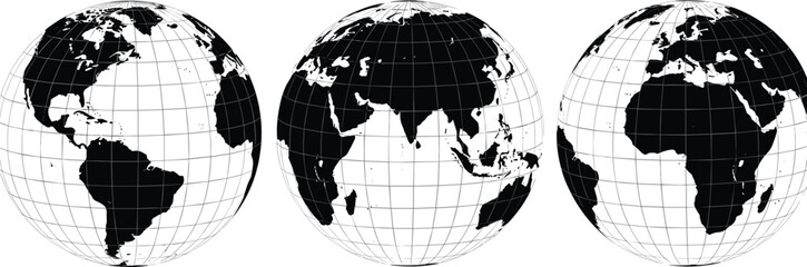 World globe set with continents and grid lines, black and white earth maps in different views isolated vector illustration © Prodip