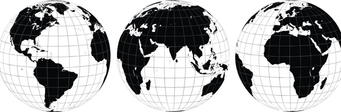 World globe set with continents and grid lines, black and white earth maps in different views isolated vector illustration