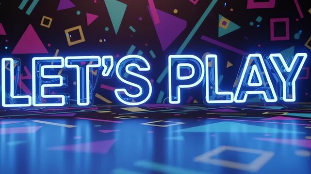 Neon Lets Play Sign Illuminates Vibrant Retro Geometric Background.