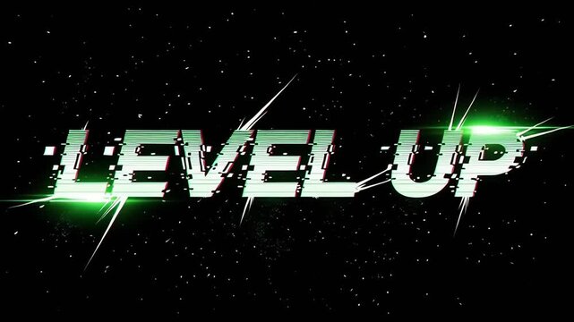 Level Up Text Animation with Glitch and Neon Effects.