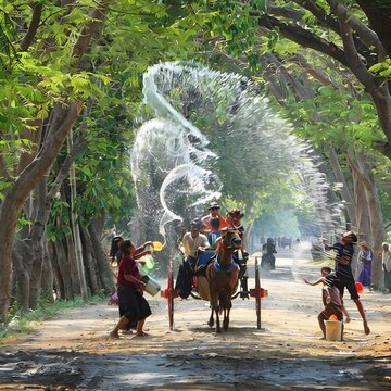 Traditional Burmese Thingyan Water Festival celebration with people on horse-drawn carriage in a scenic rural village of Myanmar