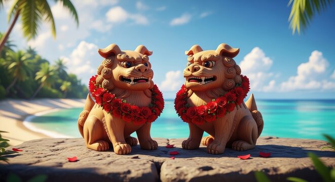 Two shisa statues on a beach with leis a tropical paradise scene