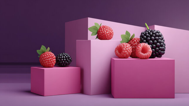 An eye-catching display of fresh raspberries and blackberries artfully arranged on pink geometric platforms against a softly blended purple backdrop is presented now.