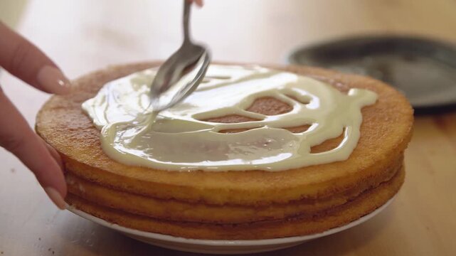 Spreading Cream on Layer Cake Close Up Baking Process Homemade Dessert Preparation