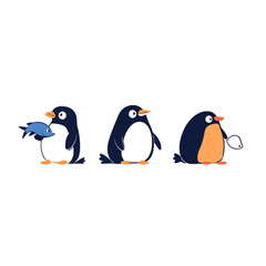 Obraz premium Three cute cartoon penguins, one holding a fish, one looking curious, one with a speech bubble Concept of wildlife, food, communication, and Antarctic animals