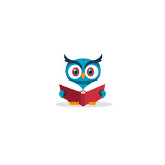 Obraz premium Blue cartoon owl reading a red book, focused and intelligent, symbolizing education, knowledge, and wisdom Cute character for learning and study concepts