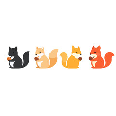 Fototapeta premium Four cartoon squirrels in different colors holding nuts, representing diversity and autumn Cute animal characters in a row, isolated on white background Concept of nature, food, and friendship