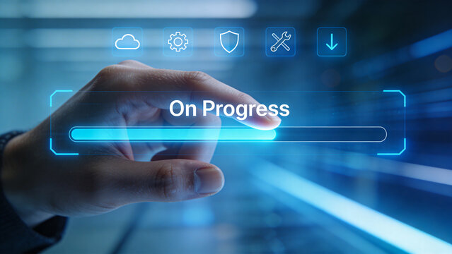 Digital Progress Loading Bar Interface with Hand Interaction, Project Development Status, Workflow Process and Technology Dashboard Concept