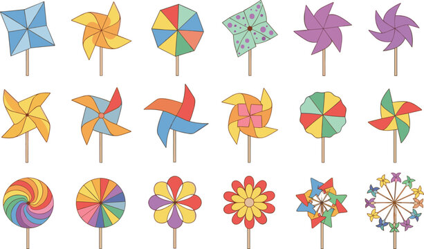 Colorful pinwheel toys collection with various shapes and patterns, playful spinning windmills isolated kids vector illustration set