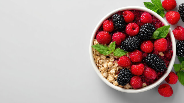 A delectable bowl of fresh raspberries and blackberries with oats and mint leaves is presented on a smooth light gray surface, offe a healthy and vibrant view.