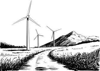 Hand drawn of wind turbines in a field with a mountain background white landscape © MstMisu
