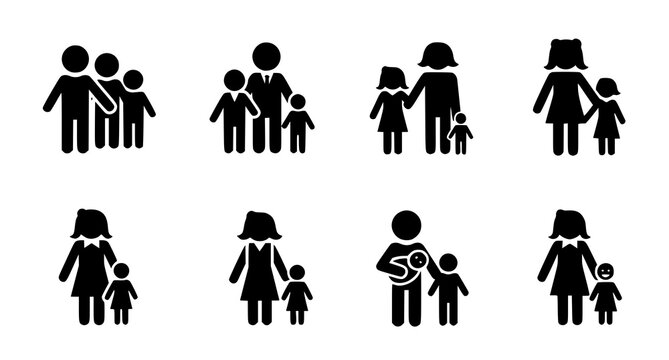 A collection of black silhouette icons depicting various family structures and parent child groups Vector