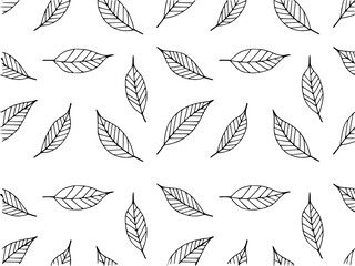 Fototapeta premium Simple Black Outline Leaves Pattern White Background Seamless Repeating leaf nature