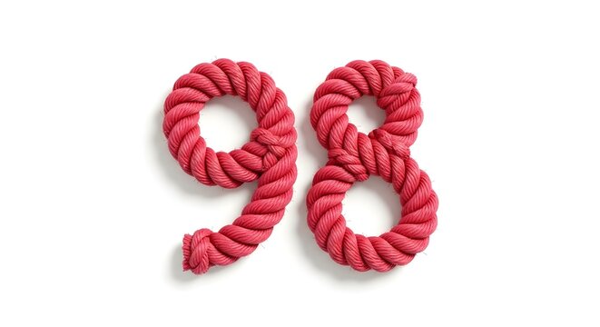 Red number ninetyeight made of twisted rope on white background. Suitable for birthday invitations, anniversary designs, and creative numerology concepts.