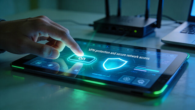 VPN Protection and Secure Network Access Concept on Tablet with Cybersecurity Interface