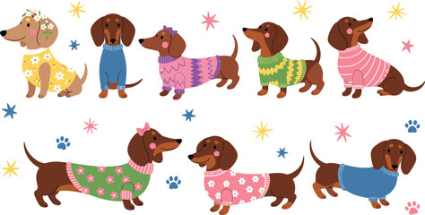 Cute dachshund dogs in sweaters set, adorable sausage dog characters with winter clothes isolated vector illustration © Prodip