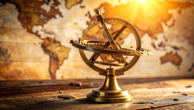 vintage brass sextant on a weathered wooden table, world map backgrou 