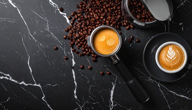 flat lay of a high-end barista's espresso machine portafilter and roasted 