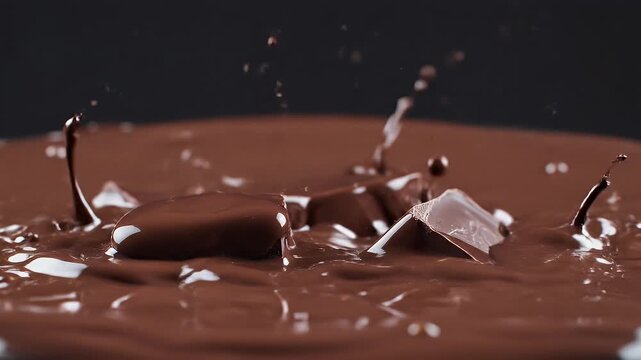 A cube of solid chocolate splashes into rich, liquid chocolate