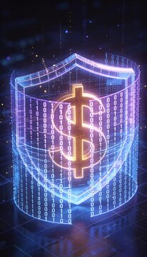 Cyber security concept featuring glowing shield and dollar sign symbolizing financial protection in digital data environment with binary code matrix and futuristic technology elements