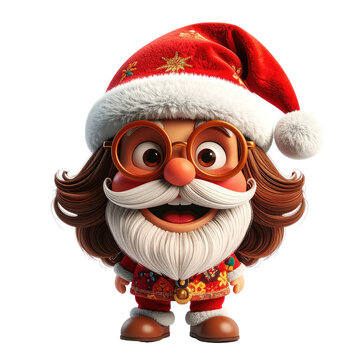 Cheerful, cartoon Santa Claus in a red suit, big glasses, beard, hat