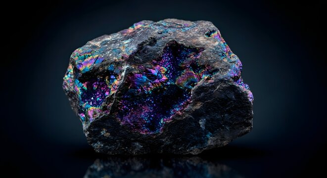 Hyper realistic texture of raw peacock ore bornite mineral with vivid metallic purple and blue iridescent luster
