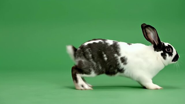 A black and white rabbit hops across a green surface