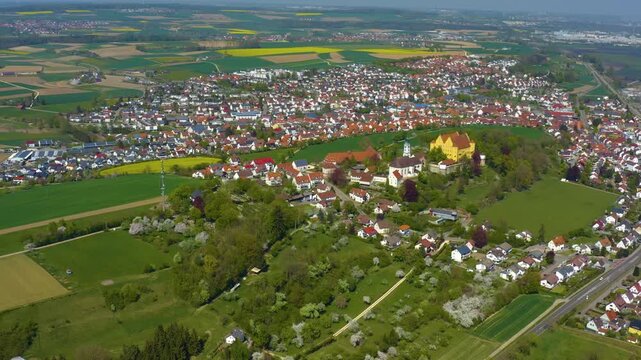 Aerial view beside the old town of the city aerial view Erbach an der Donau in Germany, on a sunny spring noon