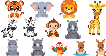Fototapeta premium Set of kawaii safari animal vector illustrations featuring cute baby lion tiger elephant giraffe zebra and monkey for nursery decor and children's themed stationery design