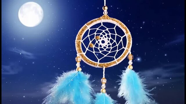 Dreamcatcher by night with full moon in the sky. sparkling stars floating around. Native American Dreamcatcher. Fantasy dreamy design