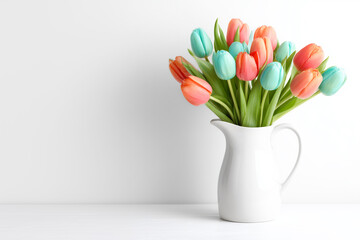 Fototapeta premium Bright bouquet of tulips in a jug on a light background with copy space. Concept of spring freshness, floral decoration and seasonal greeting.