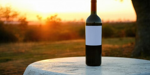 Naklejka premium Wine bottle sits atop round table. Sunset provides warm backdrop, creating peaceful scene. Nature, beverage, relaxation.